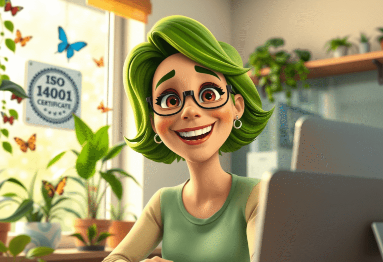 Système de Management de la Qualité (SMQ), Giqual, Georgette Giavazzi, ISO 14001, femme au cheveux verts dans sans bureau